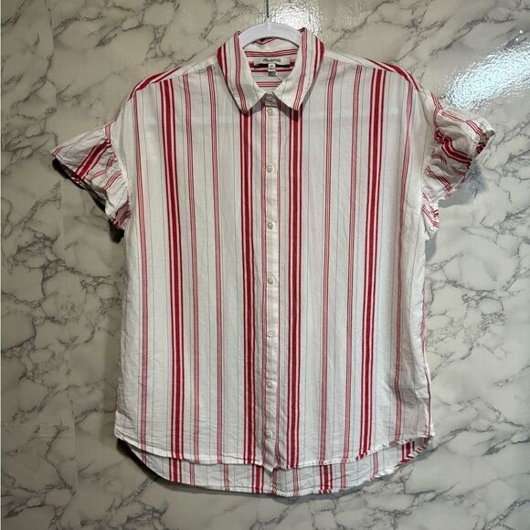NEW Madewell Central Ruffle-Sleeve Shirt in Carey Stripe Red and White Size XS - Picture 4 of 10